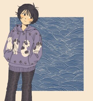 1girl black_hair commentary cowboy_shot hands_in_pocket heidi_(heytherenrds) highres hood hoodie original short_hair solo sweater symbol-only_commentary waves