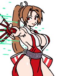 Rule 34 | 1girl, bare legs, blush, breasts, brown hair, cleavage, curvy, drawbuster, fatal fury, hand on own hip, large breasts, lips, long hair, looking at viewer, ponytail, revealing clothes, shiny skin, shiranui mai, simple background, smile, solo, wide hips
