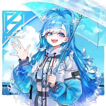 1girl blue_eyes blue_hair blush highres holding holding_umbrella hololive hololive_indonesia kobo_kanaeru long_hair long_sleeves looking_at_viewer multicolored_hair multiple_girls open_mouth smile solo transparent transparent_umbrella two-tone_hair umbrella virtual_youtuber white_hair