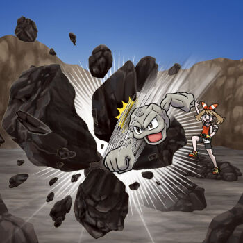 Rule 34 | 1girl, arm up, artist request, bike shorts, bike shorts under shorts, black shorts, blue sky, brown hair, clear sky, clenched hand, clenched hands, commentary request, day, debris, gen 1 pokemon, geodude, grey eyes, hair ribbon, may (pokemon), medium hair, motion lines, nintendo, official art, open mouth, outdoors, pokemon, pokemon (creature), pokemon move, pokemon oras, punching, red ribbon, red shirt, ribbon, rock, rock smash (pokemon), second-party source, shirt, shoes, shorts, sky, sleeveless, sleeveless shirt, smile, white shorts