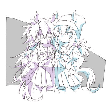 Rule 34 | 2girls, animal ears, arm around neck, arm around shoulder, beanie, beer hsk, commentary request, ears through headwear, grey background, hair between eyes, hat, horse ears, horse girl, horse tail, long hair, long sleeves, mask, monochrome, mouth mask, multiple girls, nakayama festa (umamusume), orfevre (old design) (umamusume), pleated skirt, puffy long sleeves, puffy sleeves, school uniform, shirt, skirt, tail, thighhighs, tracen school uniform, two-tone background, umamusume, v, very long hair, white background