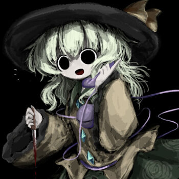 Rule 34 | 1girl, :d, black background, black eyes, black hat, blood, blood drip, bloody knife, bow, buttons, commentary request, corded phone, cowboy shot, diamond button, frilled shirt collar, frilled sleeves, frills, green hair, green skirt, hat, hat bow, heripantomorrow, holding, holding knife, holding phone, knife, komeiji koishi, looking at viewer, medium hair, open mouth, phone, simple background, skirt, smile, touhou, wide-eyed, yellow bow