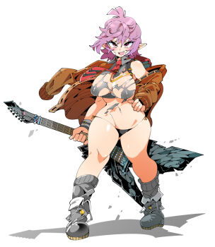 1girl arm_out_of_sleeve black_panties blush breasts brown_jacket electric_guitar full_body grey_footwear grey_socks guitar hand_on_own_hip holding holding_guitar holding_instrument instrument jacket kafun large_breasts looking_at_viewer navel necktie open_mouth original panties pink_eyes pointy_ears purple_hair red_necktie simple_background socks solo teeth torn underwear upper_teeth_only white_background