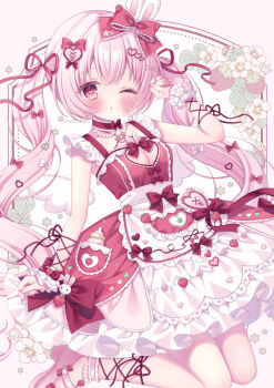 Rule 34 | 1girl, :o, angel wings, animal ears, ankle cuffs, baby bottle, blush, border, bottle, bow, breasts, cleavage cutout, clothing cutout, commentary request, commission, detached wings, dress, fake animal ears, flower, food, frilled dress, frills, fruit, hair bow, hair ornament, hand up, heart, heart-shaped pupils, heart hair ornament, highres, jumping, layered skirt, leg ribbon, long hair, looking at viewer, medium breasts, one eye closed, original, pink background, pink hair, pink shoes, pocket, puu (kari---ume), rabbit ears, red bow, red dress, red eyes, red ribbon, ribbon, shoes, sidelocks, simple background, skeb commission, skirt, solo, sparkle, strawberry, symbol-shaped pupils, twintails, very long hair, white background, white flower, white skirt, white wrist cuffs, wings, wrist cuffs, wrist ribbon