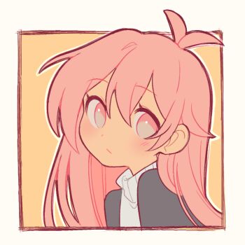 Rule 34 | 1girl, ahoge, border, commentary, frown, grey jacket, jacket, looking at viewer, mumble (shachimu), orange background, original, outline, pink eyes, pink hair, shachi (shachimu), shirt, simple background, solo, symbol-only commentary, upper body, white border, white shirt