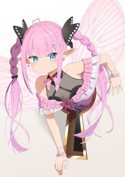 Rule 34 | 1girl, ahoge, artist request, black bow, blue eyes, bow, braid, closed mouth, earrings, fairy wings, hair bow, hair ornament, heart, heart earrings, highres, jewelry, keyhole, kokoromo memory, long hair, phase connect, pink bow, pink hair, pointy ears, smile, solo, twin braids, virtual youtuber, wings