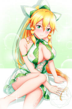 Rule 34 | 1girl, arm support, bare shoulders, blonde hair, blush, braid, breasts, cleavage, elf, green eyes, hair between eyes, highres, ken-ji, large breasts, leafa (sao), long hair, looking at viewer, pointy ears, ponytail, sitting, smile, solo, sword art online, twin braids