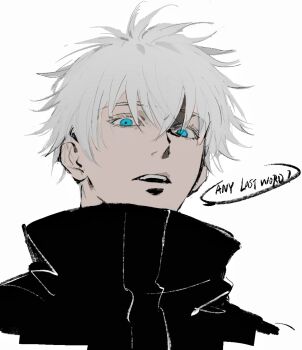 1boy blue_eyes chinese_commentary colored_eyelashes commentary_request cropped_shoulders english_text gojou_satoru high_collar highres jujutsu_kaisen looking_at_viewer male_focus shki00 short_hair solo white_hair