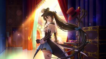 Rule 34 | 1girl, artist request, backstage, black gloves, black hair, blue dress, blue ribbon, breasts, closed mouth, cowboy shot, curtains, dress, elbow gloves, from side, game cg, gloves, hair between eyes, hair ribbon, hat, highres, indoors, long hair, looking at viewer, magician, medium breasts, mini hat, mini top hat, official alternate costume, official art, ribbon, smile, solo, tales of (series), tales of berseria, tales of crestoria, third-party source, top hat, velvet crowe, very long hair, white hat, white ribbon, yellow eyes