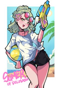 Rule 34 | 1girl, absurdres, alternate costume, ball, beach, beachball, bikini, bikini under clothes, black shorts, blue panties, blue sky, cloud, collarbone, commentary, cowboy shot, english commentary, english text, eyewear on head, flower, gradient-tinted eyewear, green eyes, green hair, hair flower, hair ornament, highres, holding, holding ball, holding water gun, leaning to the side, looking at viewer, mujib, ocean, open mouth, outdoors, palm tree, panties, purple flower, round eyewear, sand, scrunchie, shirt, shorts, sky, solo, sparkle, sun, sunglasses, sunna (zenless zone zero), swimsuit, tied shirt, tinted eyewear, tree, underwear, water gun, wet, white shirt, wrist scrunchie, zenless zone zero