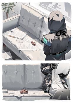 1other ambiguous_gender arknights binder_clip black_coat black_gloves border coat commentary_request couch cup doctor_(arknights) from_above gloves highres hishoti_cheese holding holding_cup holding_paper hood hood_up hooded_coat mug paper paper_stack plant rabbit_ornament reading rhodes_island_logo_(arknights) sitting sticky_note tile_floor tiles white_border
