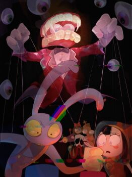 animal_ears black_bow black_bowtie blue_eyes bow bowtie coat commentary english_commentary freakybunny6000 furry furry_male gangle_(the_amazing_digital_circus) glitch gloves green_eyes heterochromia highres jax_(the_amazing_digital_circus) kinger_(the_amazing_digital_circus) pomni_(the_amazing_digital_circus) puppet_strings push-button rabbit_boy rabbit_ears ragatha_(the_amazing_digital_circus) red_coat short_hair teeth the_amazing_digital_circus zooble_(the_amazing_digital_circus)