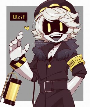 1boy :d absurdres android arm_behind_back armband belt black_belt black_hat black_jacket border buttons collarbone commentary fangs fewer_digits fur-trimmed_jacket fur_trim grey_background hand_up hat heart highres jacket kageimo male_focus mechanical_arms murder_drones n_(murder_drones) open_mouth outside_border short_hair short_sleeves simple_background smile solo speech_bubble teeth tongue upper_body upper_teeth_only watermark white_border white_hair yellow_armband yellow_eyes