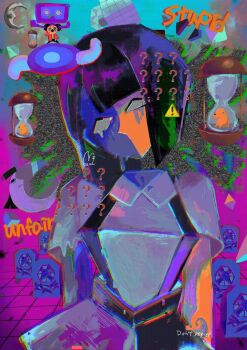 2girls ? ?? auctioneer_(ena) black_hair blue_skin blunt_bangs blunt_ends colored_skin crescent_moon crying crying_with_eyes_open cube cubism dog ena_(ena) ena_(series) ena_(species) ena_(web_series) episode_theme floating_head headtomb hourglass hourglass_dog low_poly moon moony_(ena) multicolored_skin multiple_girls scene_reference shirt short_sleeves skirt solo_focus split-color_skin static suspender_skirt suspenders tears tombstone two-tone_skin usagimarumei yellow_skin