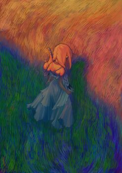 1girl backless_dress backless_outfit braid colored_shadow dress facing_away facing_down field from_above from_behind grass hair_over_shoulder hat highres holding holding_unworn_clothes holding_unworn_hat impressionism koze_niire long_dress long_hair low_twin_braids makaino_ririmu makaino_ririmu_(3rd_costume) nijisanji pointy_ears shade shadow sleeveless sleeveless_dress solo spaghetti_strap standing sun_hat twin_braids unworn_hat unworn_headwear virtual_youtuber white_dress wide_shot