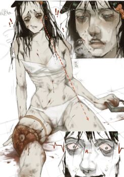 1girl absurdres amputating black_hair bloodshot_eyes blue_eyes bow emaciated exposed_bone exposed_muscle guro hair_bow highres holding_hacksaw long_hair multiple_views original panties parted_lips self-harm solo sports_bra sweatdrop tomtit_bird underwear