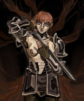 1girl absurdres arm_up armor armpits artist_name black_pants blue_eyes bowl_cut bracer breasts brown_gloves closed_mouth couter cowboy_shot d'arce_(fear_&amp;_hunger) dark_areolae dark_nipples faulds fear_&amp;_hunger_(series) fear_&amp;_hunger_1 fingerless_gloves gloves gorget hand_on_blade highres holding holding_blade holding_sword holding_weapon knight lips looking_at_viewer medium_breasts naked_armor nipples orange_hair pants pauldrons plate_armor rerebrace serious short_hair shoulder_armor signature solo standing sword topless_female very_short_hair warrior weapon wiltkingart