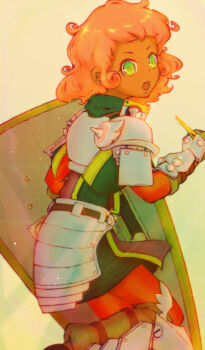 1girl armor commentary_request curly_hair etrian_odyssey gauntlets green_eyes grey_background hijikimon2mon holding holding_shield looking_at_viewer open_mouth paladin paladin_(sekaiju) paladin_4_(sekaiju) sekaiju_no_meikyuu sekaiju_no_meikyuu_2 shield short_hair solo tan