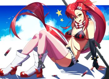 1girl anti-materiel_rifle bikini bikini_top_only black_gloves boots bracelet breasts cleavage commentary_request eiryu33 fingerless_gloves flame_print full_body gloves gun hair_ornament hair_stick highres jewelry large_breasts long_hair navel no_shirt open_mouth pink_thighhighs red_hair rifle scarf short_shorts shorts skull_hair_ornament sniper_rifle solo star_(symbol) striped_clothes striped_scarf studded_bracelet swimsuit tengen_toppa_gurren_lagann thighhighs very_long_hair weapon white_boots yellow_eyes yoko_littner