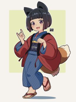 Rule 34 | 1girl, :d, animal ears, black hair, blue kimono, brown eyes, brown sandals, commentary request, fang, fox ears, fox girl, fox shadow puppet, fox tail, full body, green background, grey background, japanese clothes, kimono, kitsune, kukuri (mawaru), long sleeves, looking at viewer, mawaru (mawaru), obi, open clothes, open mouth, original, sandals, sash, shadow, short hair, smile, solo, standing, standing on one leg, tail, two-tone background, wide sleeves