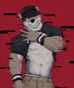 1boy 9klipse animal_ears armband baseball_cap black_hat brown_pants claws clothes_lift commentary echo_(visual_novel) echo_project furry furry_male glitch hat looking_at_viewer male_focus navel nipples one_eye_closed otter_boy otter_ears pants red_background shirt_lift smile sydney_bronson whiskers