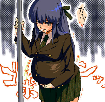 1girl big_belly bloated bow castella dripping full_stomach hair_bow half_updo holding_stomach jacket long_hair lowres original overeating school_uniform solo tearing_up trembling