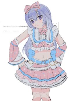 1girl absurdres bad_id bad_twitter_id belt blue_belt blue_hair bow closed_mouth cropped_shirt detached_sleeves frilled_skirt frills hair_bow highres idolmaster idolmaster_shiny_colors jiro_26 layered_skirt long_hair long_sleeves looking_at_viewer miniskirt navel odaibako pink_bow pink_shirt pink_skirt pleated_skirt purple_eyes request_inset shirt simple_background skirt smile solo standing suzuki_hana translation_request white_background