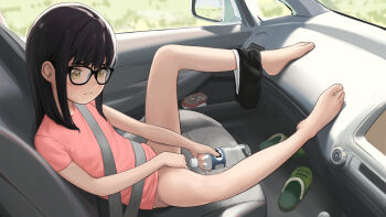 1girl barefoot black_hair car_interior feet glasses handheld_game_console highres kuroshiro00 loli long_hair panties panties_around_leg peeing plastic_bottle seatbelt shirt short_shorts shorts shorts_around_one_leg t-shirt toes underwear unworn_panties unworn_shorts yellow_eyes