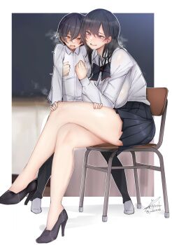 1boy 1girl age_difference black_bow black_hair black_skirt blush bow breasts breath brown_eyes chair commentary_request crossed_legs eyelashes eyes_visible_through_hair frottage hair_between_eyes hatching_(texture) heart heart-shaped_pupils height_difference hetero high_heels highres indoors large_breasts legs legs_apart long_hair looking_at_another nipple_stimulation onee-shota open_mouth original outline pink_pupils purple_eyes rib:y(uhki) school_chair school_uniform shiny_skin shirt shota signature sitting size_difference skirt spoken_heart symbol-shaped_pupils tall_female tearing_up thigh_sex thighs tongue twitter_username white_outline white_shirt