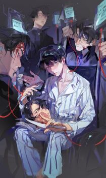 5boys bandaged_neck bandages barefoot black_coat black_eyes black_hair black_shirt blood blood_from_forehead blood_on_face book clenched_teeth coat crew_neck fork hair_between_eyes head_tilt holding holding_fork holding_knife holding_string hospital_gown intravenous_drip kim_dokja knees_apart_feet_together knife looking_at_viewer multiple_boys multiple_views oldest_dream omniscient_reader's_viewpoint open_book parted_lips popped_collar puppet_strings pushing_wheelchair rc_dec severed_head shirt short_hair string striped_clothes teeth white_shirt yoo_joonghyuk