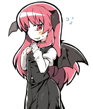 black_skirt black_vest black_wings blush_stickers collared_shirt commentary demon_wings english_commentary fang fang_out fingernails flying_sweatdrops happy head_wings juliet_sleeves koakuma kokum0tsu long_hair long_sleeves multiple_wings necktie nervous_smile open_mouth own_hands_together pleated_skirt pointy_nose puffy_sleeves red_eyes red_hair red_necktie shirt sidelocks simple_background single_blush_sticker skirt skirt_set sleeves_past_wrists smile touhou very_long_hair vest white_background white_shirt wings