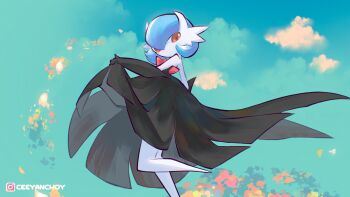absurdres alternate_color artist_name black_dress black_gloves blue_hair bob_cut ceeyanchoy colored_skin dress elbow_gloves gardevoir gen_3_pokemon gloves highres looking_at_viewer mega_gardevoir mega_pokemon nintendo pokemon pokemon_(creature) shiny_pokemon strapless strapless_dress white_skin