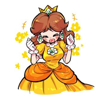 1girl brown_hair cindysuke commentary crown dress earrings floral_background flower_earrings gloves jewelry long_hair mario_(series) nintendo open_mouth orange_dress princess_daisy puffy_short_sleeves puffy_sleeves short_sleeves smile symbol-only_commentary white_background white_gloves