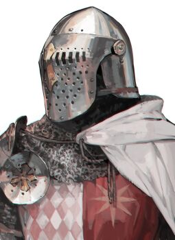 Rule 34 | 1other, aoin, armor, bascinet, cape, chainmail, coat of arms, commentary request, covered face, facing to the side, helm, helmet, heraldry, original, portrait, rondel, side cape, simple background, solo, surcoat, white background, white cape