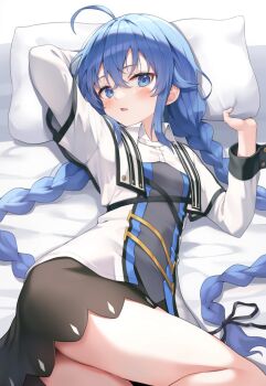 1girl ahoge ai-assisted bad_tag blue_eyes blush braid breasts crossed_bangs hair_between_eyes head_on_pillow highres kobisi long_hair long_sleeves lying mushoku_tensei on_bed open_mouth pillow roxy_migurdia small_breasts solo thighs twin_braids very_long_hair white_pillow