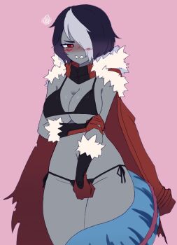 1girl black_bra black_hair black_pantyhose blush borrowed_character bra breasts colored_skin covering_crotch covering_privates cowboy_shot doce embarrassed fangs female_focus fish_girl fur-trimmed_gloves fur-trimmed_jacket fur_trim gloves grey_skin grimace hair_over_one_eye highres hand_on_own_arm jacket jacket_partially_removed looking_to_the_side multicolored_hair navel open_clothes open_jacket original panties pantyhose pink_background red_eyes short_hair side-tie_panties solo tail two-tone_hair underwear white_hair