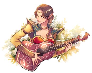 1girl aestri_yazar bard brown_hair circlet closed_mouth commentary dead_by_daylight dungeons_&amp;_dragons elf english_commentary highres holding holding_instrument instrument lips music pipa_(1pgjsf1) pointy_ears short_hair smile solo twitter_username