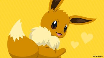 :3 animal_focus artist_request brown_eyes commentary_request copyright_name copyright_notice eevee flat_color gen_1_pokemon heart highres looking_at_viewer looking_back nintendo no_humans official_art open_mouth pokemon pokemon_(creature) pokemon_focus second-party_source smile yellow_background