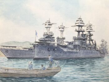 3boys atelier_bono battleship boat cloud cloudy_sky commentary_request flag highres mast military_uniform military_vehicle multiple_boys naval_uniform naval_working_uniform original painting_(medium) pearl_harbor ship ship_turret sky smokestack traditional_media united_states_navy uss_maryland_(bb-46) uss_oklahoma_(bb-37) warship watercolor_(medium) watercraft