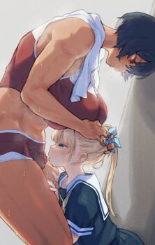 2girls after_cunnilingus black_hair blonde_hair blue_eyes breasts cunnilingus cunnilingus_through_clothes dark-skinned_female dark_skin gym_uniform hands_on_another's_thighs height_difference highres kei_(m_k) large_breasts licking licking_panties long_hair m_k multiple_girls oral original panties petite ponytail red_eyes rika_(m_k) saliva saliva_trail short_hair simple_background standing standing_cunnilingus sweat tall_female tan thick_thighs thighs through_clothes tomboy tongue tongue_out underwear yuri