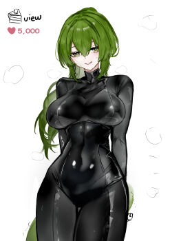 absurdres arknights arknights:_endfield arms_behind_back black_bodysuit blush bodysuit breasts collarbone commentary covered_navel cowboy_shot crocodile_girl crocodilian_tail english_commentary fluorite_(arknights) green_eyes green_hair heart highres large_breasts looking_at_viewer parted_lips smile smoke solo sweat tail teeth wawamachi white_background