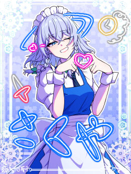 1girl apron black_necktie blue_dress blue_eyes braid commentary dress four-finger_heart_hands grey_hair grin hair_between_eyes hair_ribbon heart heart_hands highres izayoi_sakuya looking_at_viewer maid maid_apron maid_headdress medium_hair necktie one_eye_closed ribbon shirt short_sleeves side_braids smile solo teeth tenx2_1341 touhou twin_braids white_shirt wrist_cuffs