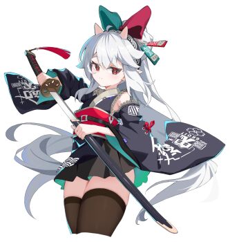 1girl astral_party commentary highres holding holding_weapon horns katana long_hair non-web_source oni pleated_skirt pointy_ears ponytail red_eyes ryugazaki_misaki skirt sword thighhighs very_long_hair weapon white_hair