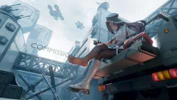 1girl absurdres black_pantyhose boots breasts brown_hair character_request commission crossed_legs drone english_text feet from_below grey_eyes hat highres holding jacket knee_boots lace-up_boots large_breasts long_hair looking_at_viewer military military_hat military_vehicle motor_vehicle mr_ito outdoors pantyhose single_boot sitting snowbreak:_containment_zone soles solo underboob white_boots white_jacket