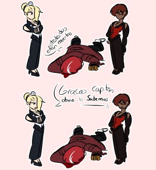 2girls blonde_hair blue_eyes brown_hair dark-skinned_female dark_skin dress female_focus formal_clothes highres long_hair long_sleeves mature_(kof) mugenkairo95 multiple_girls red_eyes short_hair suit tan the_king_of_fighters vice_(kof) yagami_iori