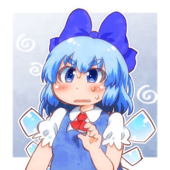1girl ascot blue_bow blue_dress blue_eyes blue_hair blush bow cirno collared_shirt commentary_request detached_wings dress fang hair_bow ice ice_wings looking_at_viewer matty_(zuwzi) medium_hair open_mouth pinafore_dress puffy_short_sleeves puffy_sleeves red_ascot shirt short_sleeves sleeveless sleeveless_dress solo sweat touhou white_shirt wings