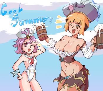 Rule 34 | 2girls, ;d, ^^^, acerola (pokemon), acerola (summer 2024) (pokemon), adapted costume, alcohol, ascot, bare shoulders, beer, beer mug, belt, belt buckle, blush, breasts, buckle, cleavage, collarbone, commentary, commentary request, covered erect nipples, cup, derivative work, dress, english commentary, english text, gardenia (pokemon), gardenia (summer 2024) (pokemon), groin, hat, large breasts, micharie, midriff, mug, multiple girls, navel, nintendo, official alternate costume, one-piece swimsuit, one eye closed, open mouth, orange eyes, orange hair, pirate costume, pirate hat, pokemon, pokemon masters ex, purple eyes, purple hair, redrawn, sailor collar, salute, short hair, smile, strap slip, sweat, swimsuit, teeth, upper teeth only, waagh52, wide hips