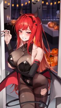 1girl 4q_(lokcy516) absurdres arm_under_breasts bat_wings black_leotard breasts cleavage demon_girl demon_horns demon_tail demon_wings doorway goddess_of_victory:_nikke grin halloween halloween_costume highres horns jack-o&#039;-lantern large_breasts leotard looking_at_viewer pumpkin rapi_(nikke) rapi_(red_hood)_(nikke) red_eyes red_hair smile solo tail wings