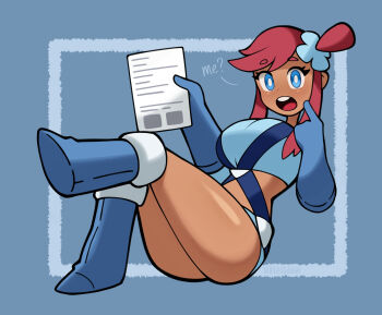 blue_eyes blush boots breasts crop_top dark-skinned_female dark_skin english_text gloves large_breasts long_hair long_sleeves looking_at_viewer midriff nintendo pokemon pokemon_bw red_hair shorts sitting skyla_(pokemon) suspenders teeth thick_thighs thighs triplestabber upper_teeth_only