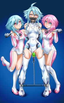 3girls ahoge albyee ankle_cuffs arm_binder armbinder arms_behind_back bdsm blanc_(neptunia) blue_background blue_eyes blue_hair bondage bound bound_ankles bound_arms breasts censored chain chain_leash choujigen_game_neptune collar covered_pussy dildo elbow_gloves femdom full_body gag gloves highres holding holding_leash leash leotard mosaic_censoring multiple_girls neptune_(series) object_insertion panel_gag pink_hair pussy_juice ram_(neptunia) red_eyes rom_(neptunia) sex_toy short_hair_with_long_locks siblings sisters slave small_breasts spreader_bar standing standing_on_one_leg thighhighs vaginal vaginal_object_insertion white_gloves white_heart_(neptunia) white_leotard white_sister_ram white_sister_rom white_thighhighs
